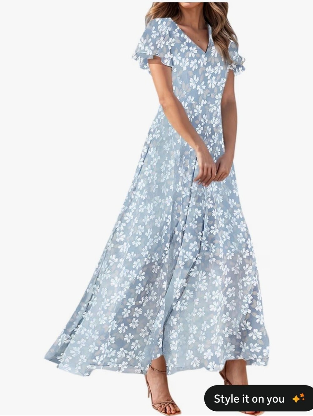 Light Blue Floral V-Neck Maxi Dress #82